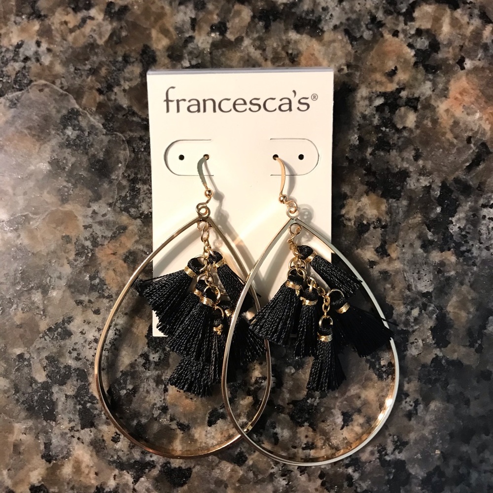 Black Hoop Earrings with Black Fringe